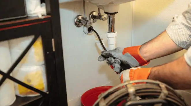 Drain cleaning technician using a motorized plumbing snake to clear a clogged sink pipe in Cleveland, OH